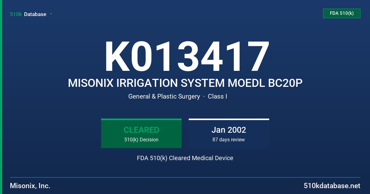 K013417 MISONIX IRRIGATION SYSTEM MOEDL BC20P FDA 510(k) Cleared Medical Device