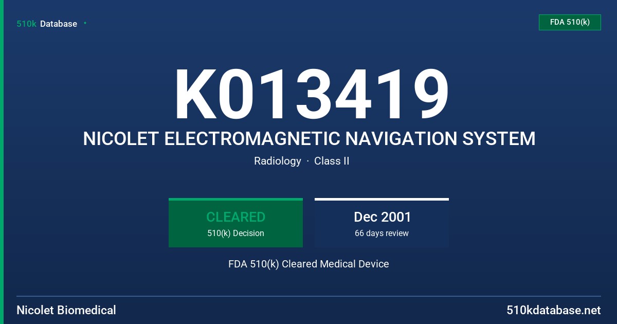 K013419 NICOLET ELECTROMAGNETIC NAVIGATION SYSTEM FDA 510(k) Cleared Medical Device