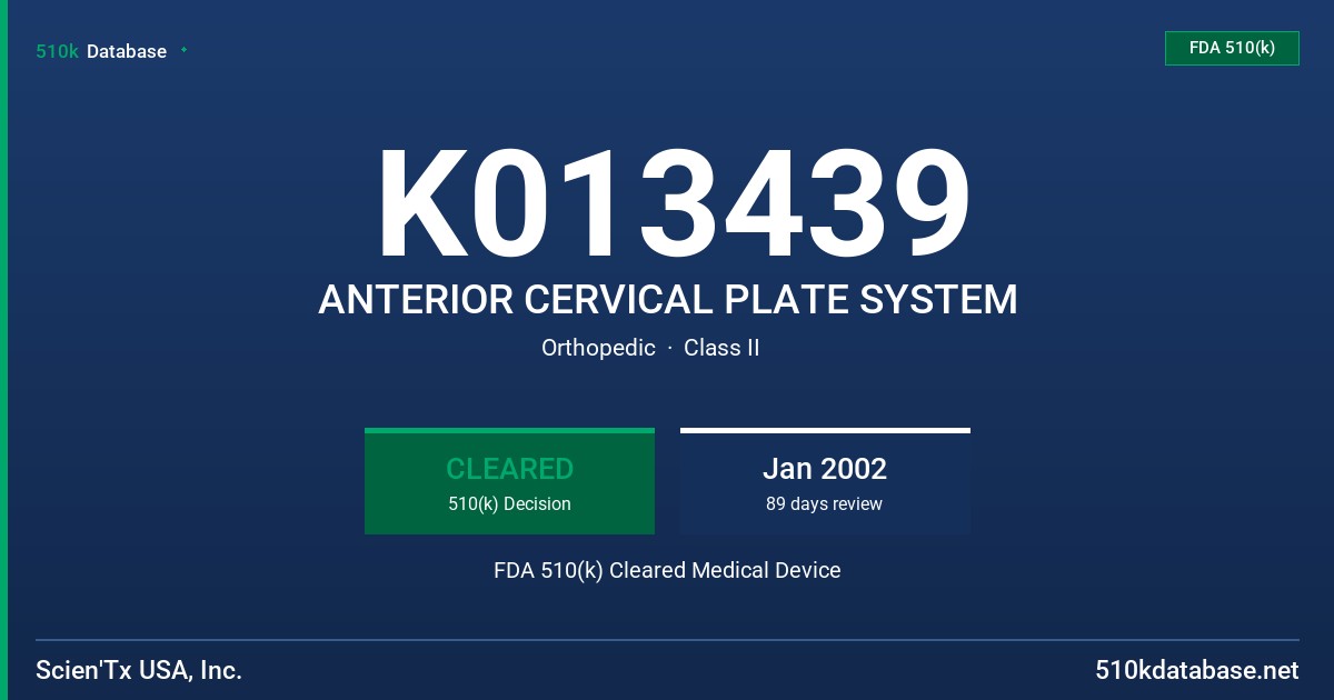 K013439 ANTERIOR CERVICAL PLATE SYSTEM FDA 510(k) Cleared Medical Device