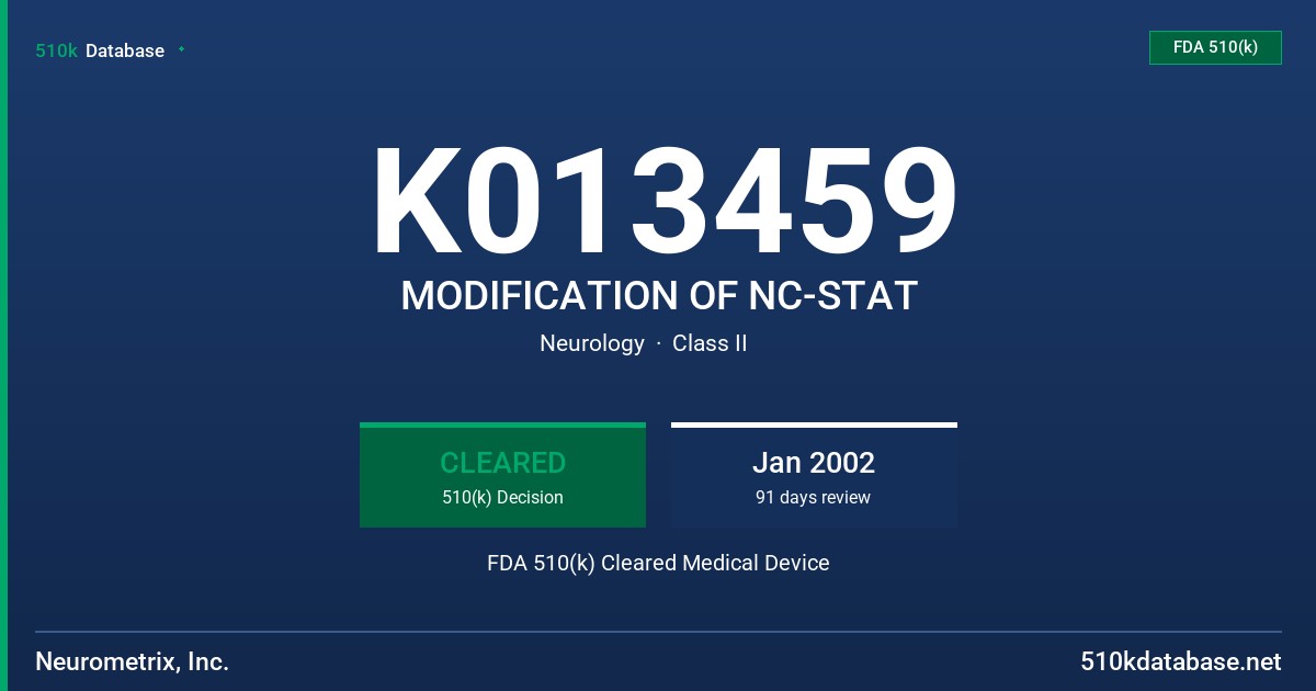 K013459 MODIFICATION OF NC-STAT FDA 510(k) Cleared Medical Device