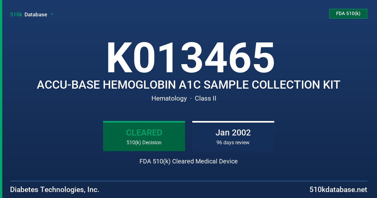 K013465 ACCU-BASE HEMOGLOBIN A1C SAMPLE COLLECTION KIT FDA 510(k) Cleared Medical Device