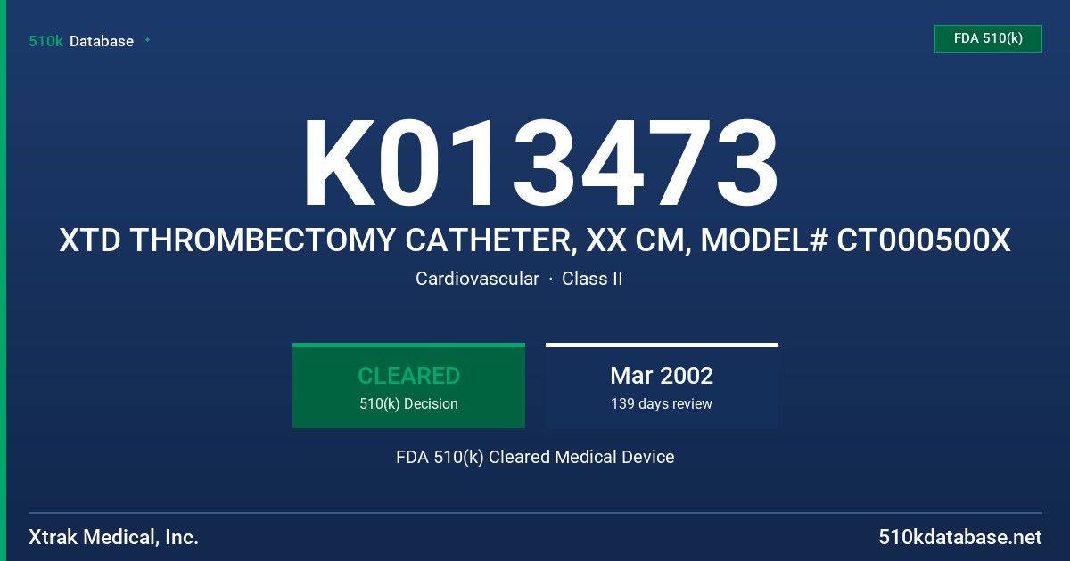 K013473 XTD THROMBECTOMY CATHETER, XX CM, MODEL# CT000500X FDA 510(k) Cleared Medical Device