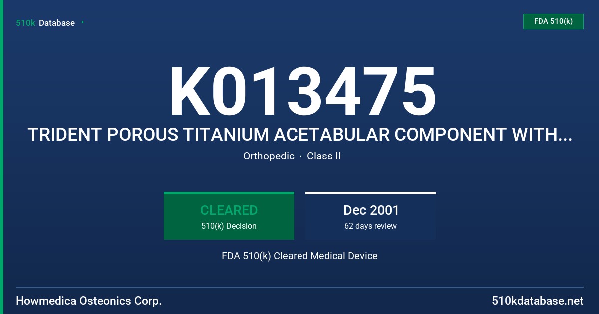 K013475 TRIDENT POROUS TITANIUM ACETABULAR COMPONENT WITH PERI-APATITE COATING FDA 510(k) Cleared Medical Device
