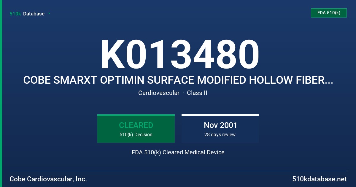 K013480 COBE SMARXT OPTIMIN SURFACE MODIFIED HOLLOW FIBER MEMBRANE OXYGENATOR FDA 510(k) Cleared Medical Device