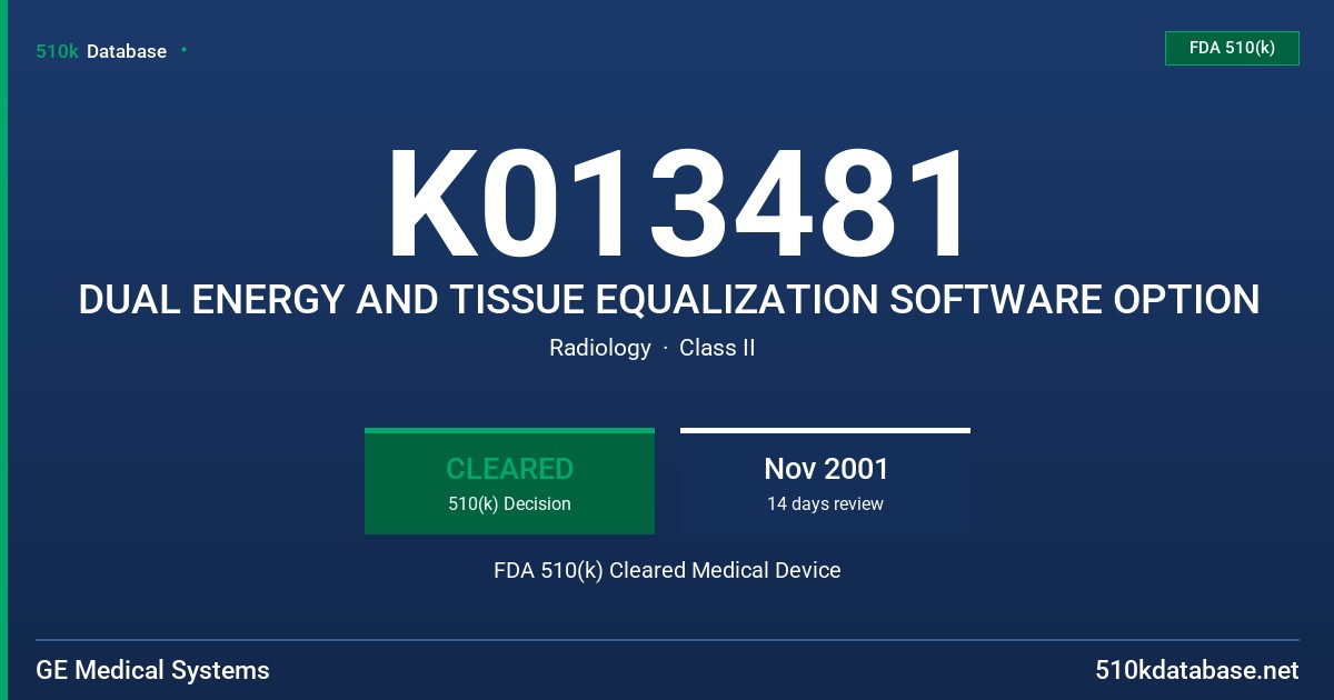 K013481 DUAL ENERGY AND TISSUE EQUALIZATION SOFTWARE OPTION FDA 510(k) Cleared Medical Device