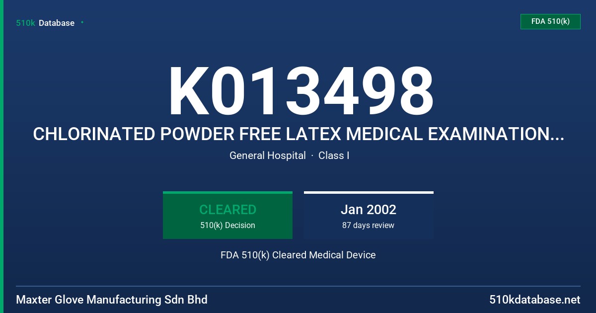 K013498 CHLORINATED POWDER FREE LATEX MEDICAL EXAMINATION GLOVES WITH PROTEIN LABELING CLAIM (50 MICROGRAMS OR LESS) FDA 510(k) Cleared Medical Device