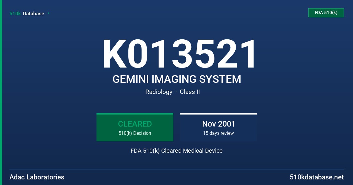 K013521 GEMINI IMAGING SYSTEM FDA 510(k) Cleared Medical Device
