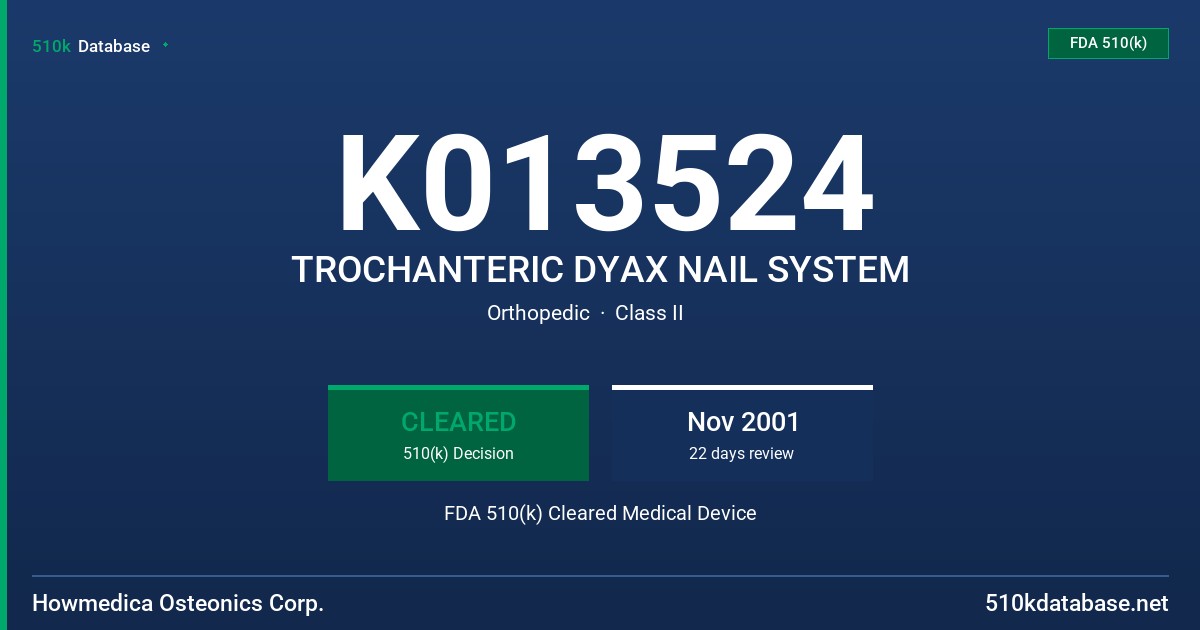 K013524 TROCHANTERIC DYAX NAIL SYSTEM FDA 510(k) Cleared Medical Device