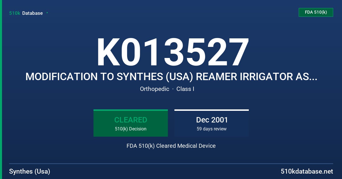 K013527 MODIFICATION TO SYNTHES (USA) REAMER IRRIGATOR ASPIRATOR (RIA) SYSTEM FDA 510(k) Cleared Medical Device