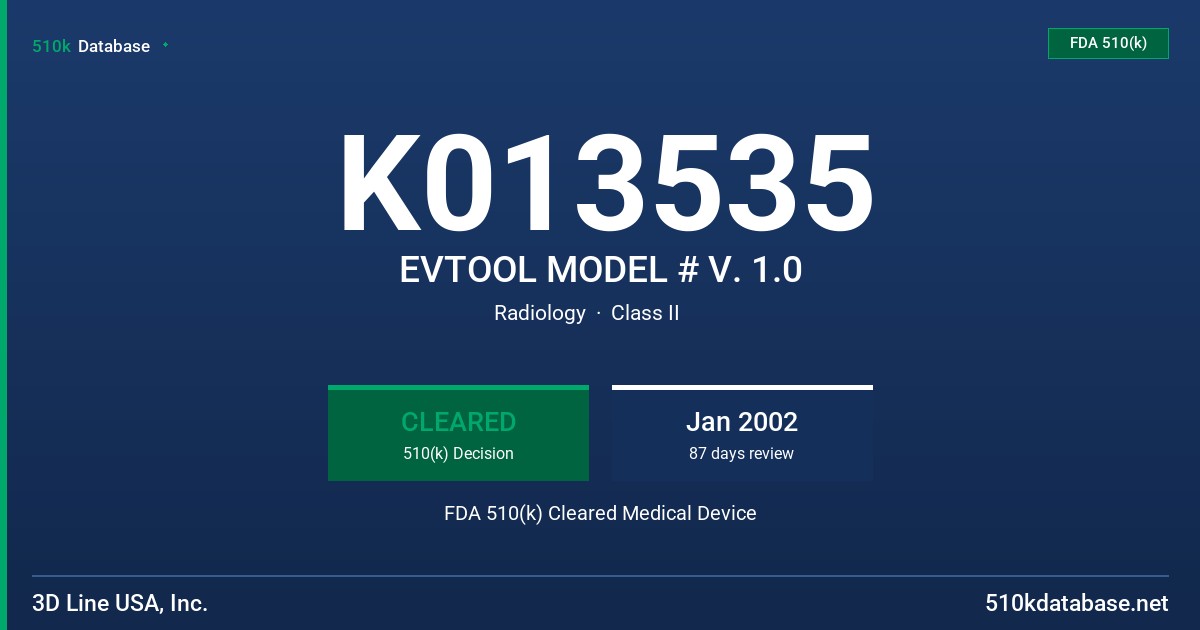 K013535 EVTOOL MODEL # V. 1.0 FDA 510(k) Cleared Medical Device