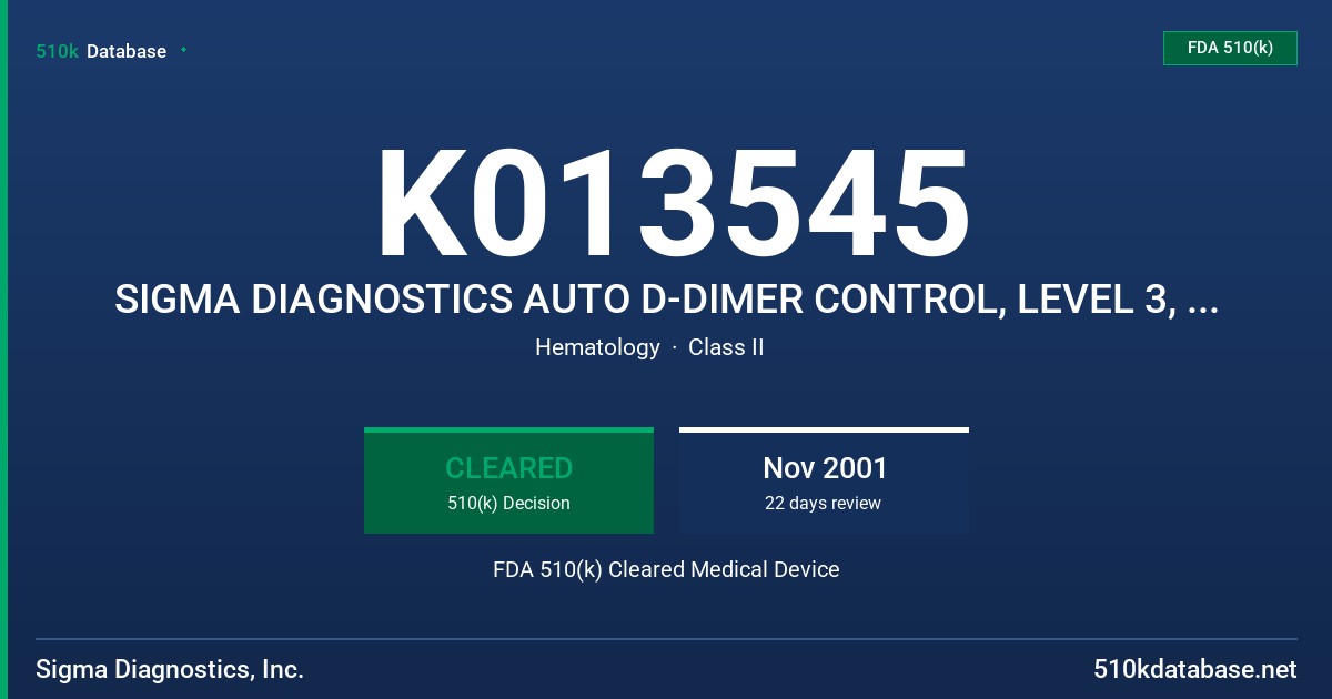 K013545 SIGMA DIAGNOSTICS AUTO D-DIMER CONTROL, LEVEL 3, MODEL A8221 FDA 510(k) Cleared Medical Device