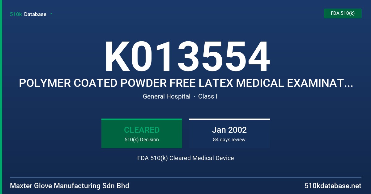 K013554 POLYMER COATED POWDER FREE LATEX MEDICAL EXAMINATION GLOVES WITH PROTEIN LABELING CLAIM (50 MICROGRAMS OR LESS) FDA 510(k) Cleared Medical Device