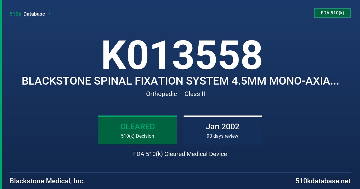 K013558 BLACKSTONE SPINAL FIXATION SYSTEM 4.5MM MONO-AXIAL SCREW FDA 510(k) Cleared Medical Device