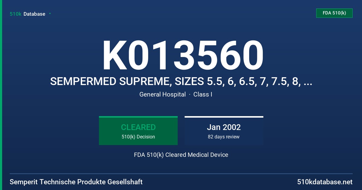 K013560 SEMPERMED SUPREME, SIZES 5.5, 6, 6.5, 7, 7.5, 8, 8.5, AND 9 FDA 510(k) Cleared Medical Device