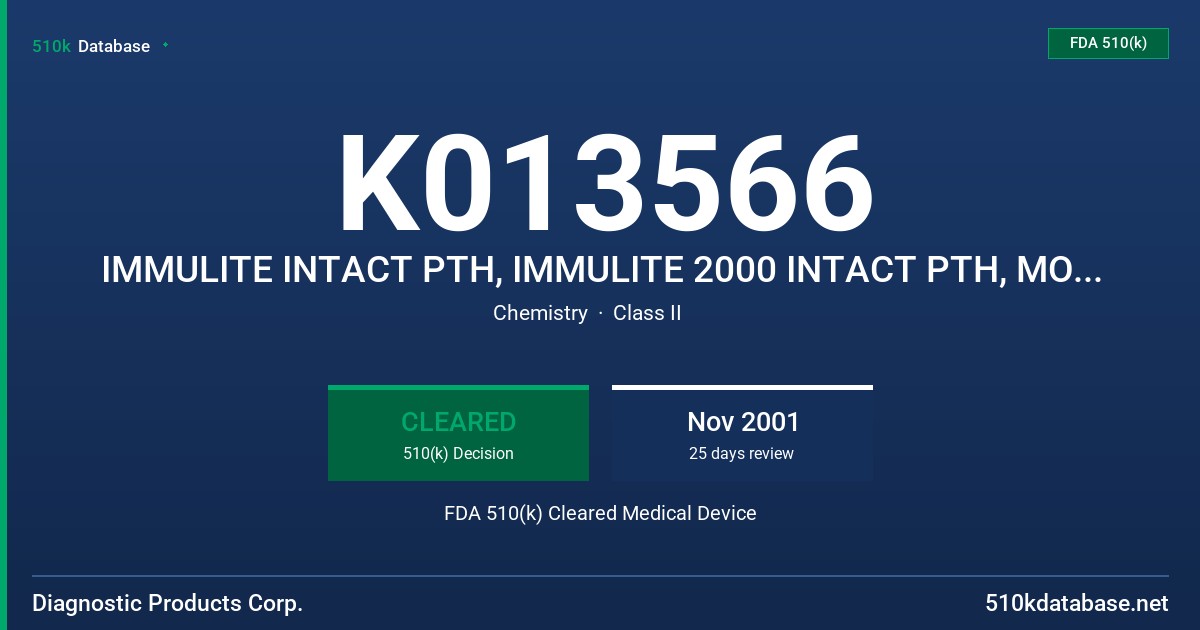 K013566 IMMULITE INTACT PTH, IMMULITE 2000 INTACT PTH, MODELS LKPP1 (100 TESTS), LKPP5 (500 TESTS), L2KPP2 (200 TESTS), L2KPP6 FDA 510(k) Cleared Medical Device