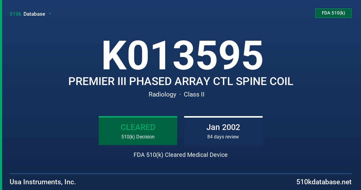 K013595 PREMIER III PHASED ARRAY CTL SPINE COIL FDA 510(k) Cleared Medical Device