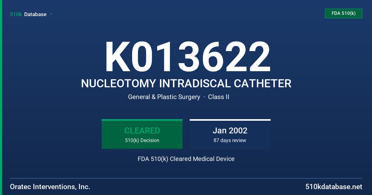K013622 NUCLEOTOMY INTRADISCAL CATHETER FDA 510(k) Cleared Medical Device