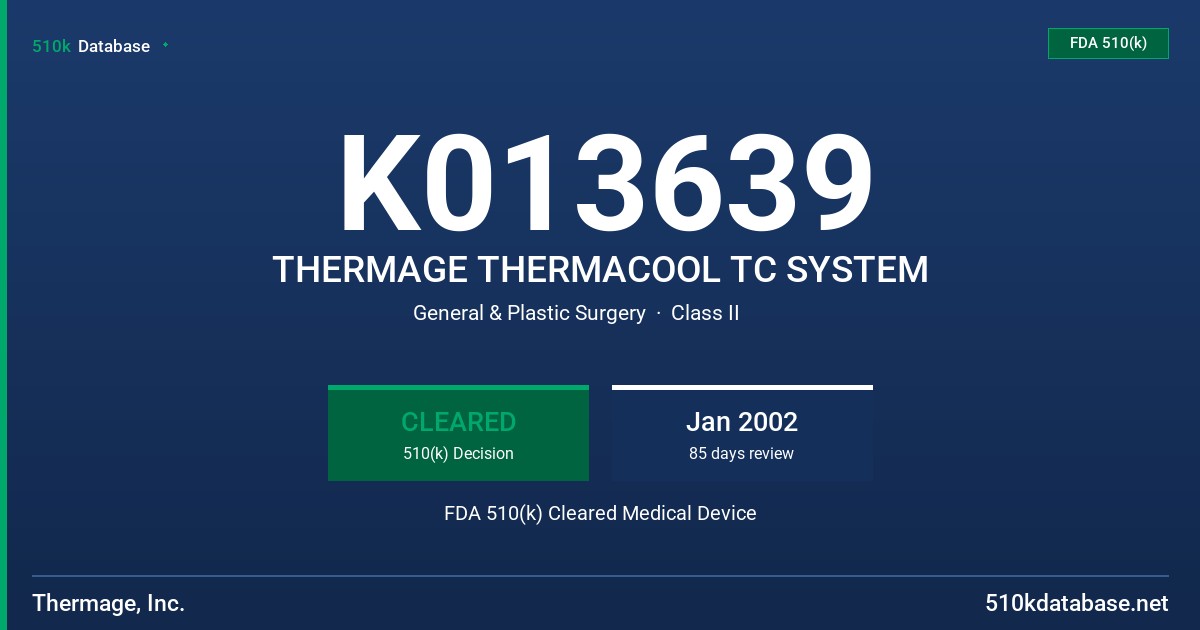 K013639 THERMAGE THERMACOOL TC SYSTEM FDA 510(k) Cleared Medical Device