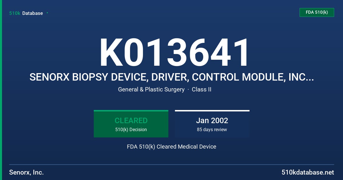 K013641 SENORX BIOPSY DEVICE, DRIVER, CONTROL MODULE, INCLUDING ACCESSORIES (POWER CORD,CONNECTOR CORDS AND FOOTSWITCH), VACUUMS FDA 510(k) Cleared Medical Device