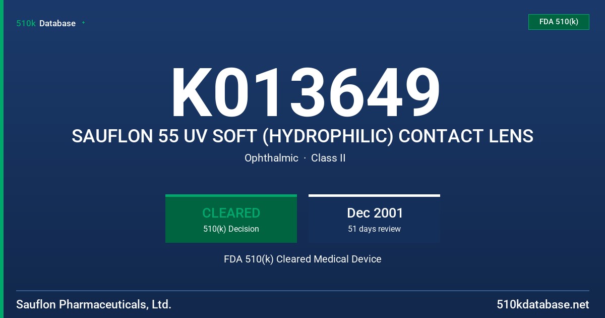 K013649 SAUFLON 55 UV SOFT (HYDROPHILIC) CONTACT LENS FDA 510(k) Cleared Medical Device