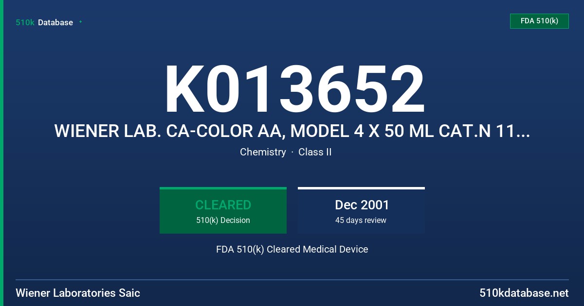K013652 WIENER LAB. CA-COLOR AA, MODEL 4 X 50 ML CAT.N 1152002 FDA 510(k) Cleared Medical Device
