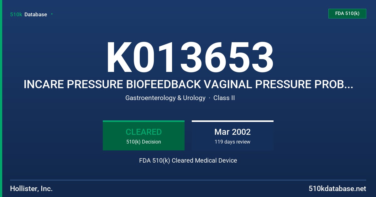 K013653 INCARE PRESSURE BIOFEEDBACK VAGINAL PRESSURE PROBE AND ANAL PRESSURE PROBE FDA 510(k) Cleared Medical Device