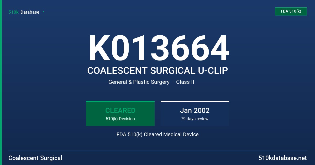 K013664 COALESCENT SURGICAL U-CLIP FDA 510(k) Cleared Medical Device