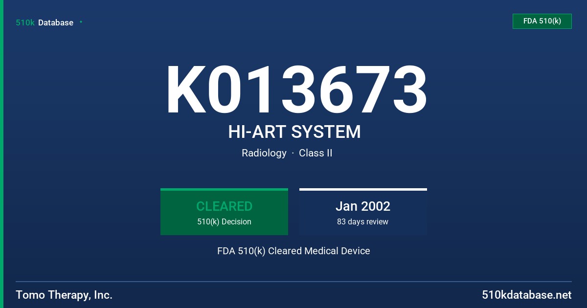K013673 HI-ART SYSTEM FDA 510(k) Cleared Medical Device