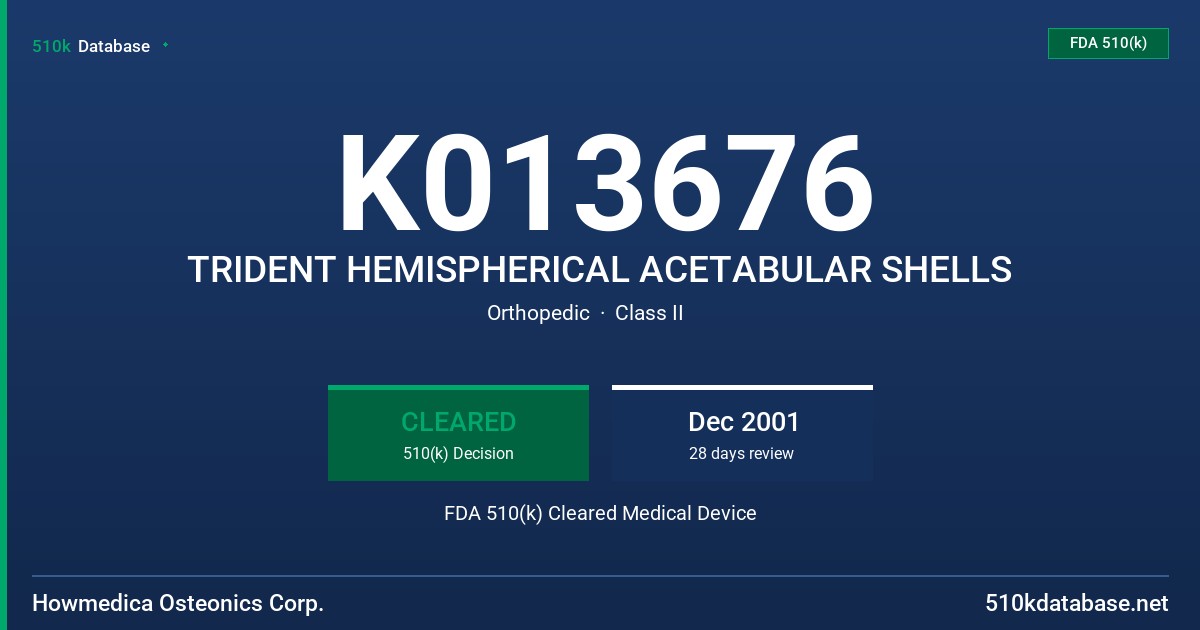 K013676 TRIDENT HEMISPHERICAL ACETABULAR SHELLS FDA 510(k) Cleared Medical Device
