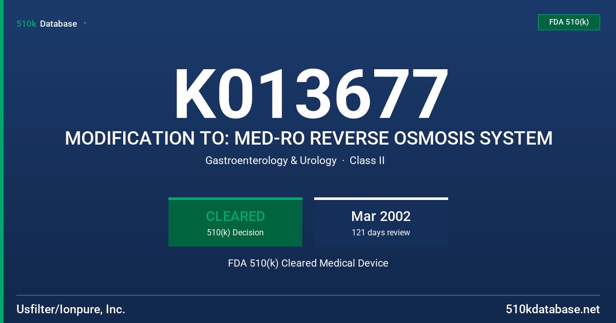 K013677 MODIFICATION TO: MED-RO REVERSE OSMOSIS SYSTEM FDA 510(k) Cleared Medical Device