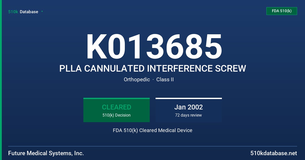 K013685 PLLA CANNULATED INTERFERENCE SCREW FDA 510(k) Cleared Medical Device
