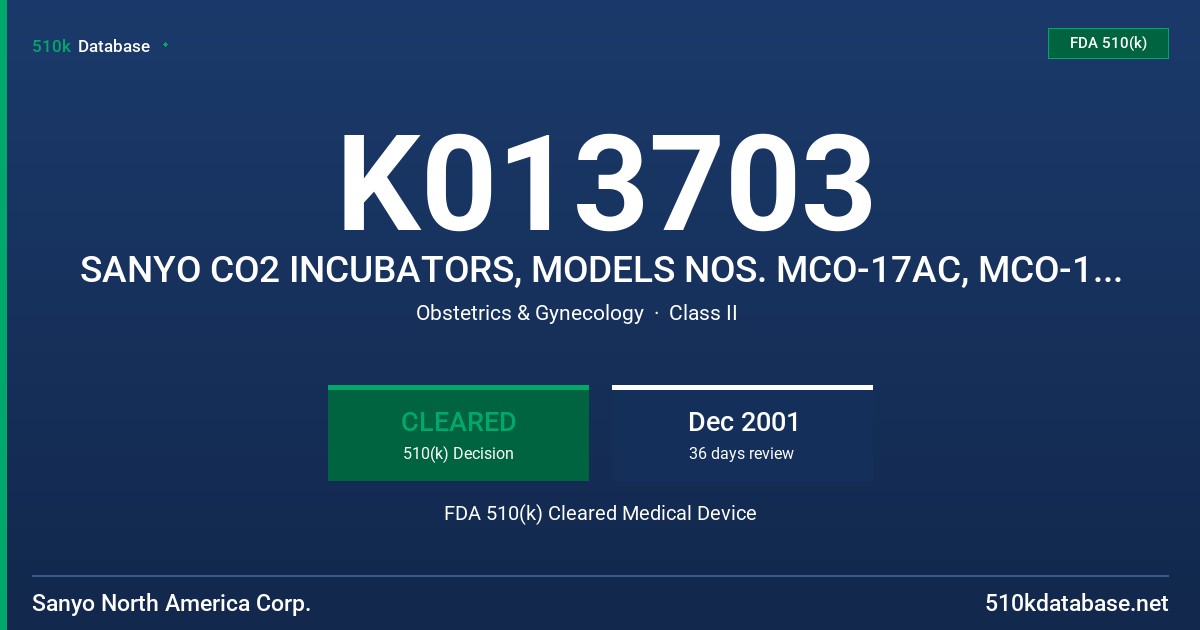 K013703 SANYO CO2 INCUBATORS, MODELS NOS. MCO-17AC, MCO-17AIC, MCO-20AIC,AND MC0-175M FDA 510(k) Cleared Medical Device