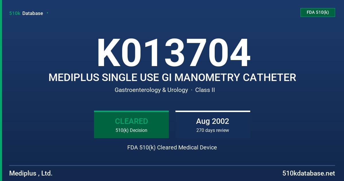 K013704 MEDIPLUS SINGLE USE GI MANOMETRY CATHETER FDA 510(k) Cleared Medical Device