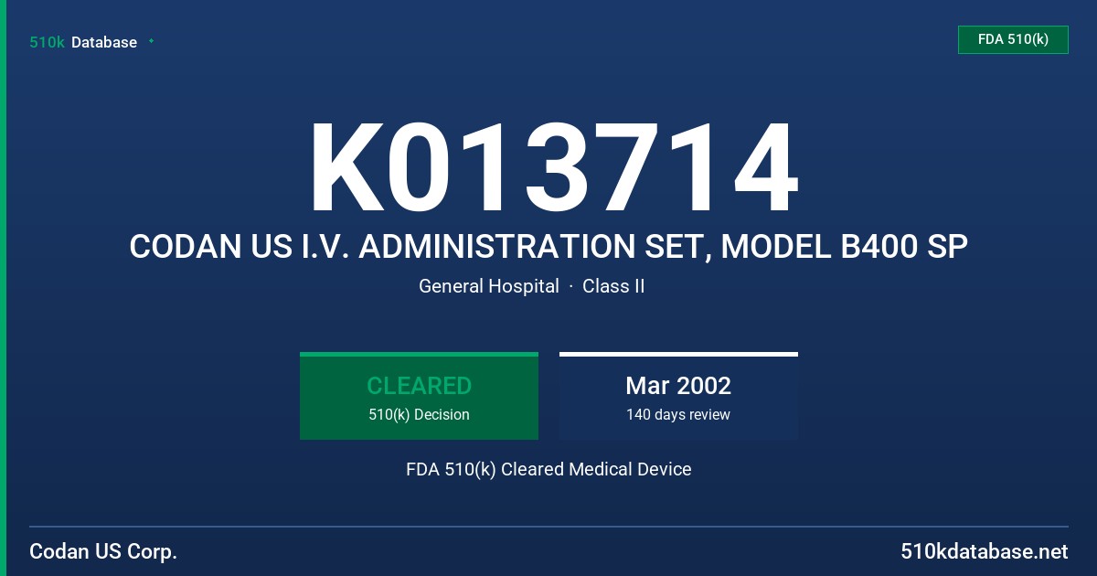 K013714 CODAN US I.V. ADMINISTRATION SET, MODEL B400 SP FDA 510(k) Cleared Medical Device