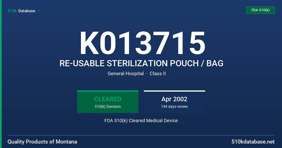 K013715 RE-USABLE STERILIZATION POUCH / BAG FDA 510(k) Cleared Medical Device