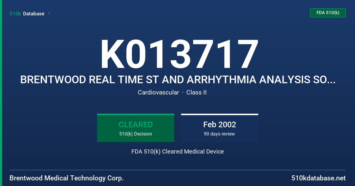K013717 BRENTWOOD REAL TIME ST AND ARRHYTHMIA ANALYSIS SOFTWARE LIBRARY FDA 510(k) Cleared Medical Device
