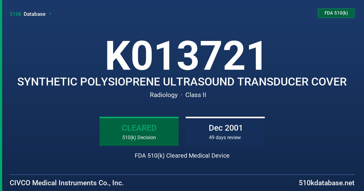 K013721 SYNTHETIC POLYSIOPRENE ULTRASOUND TRANSDUCER COVER FDA 510(k) Cleared Medical Device