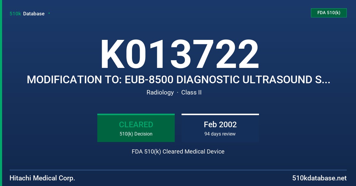 K013722 MODIFICATION TO: EUB-8500 DIAGNOSTIC ULTRASOUND SCANNER FDA 510(k) Cleared Medical Device