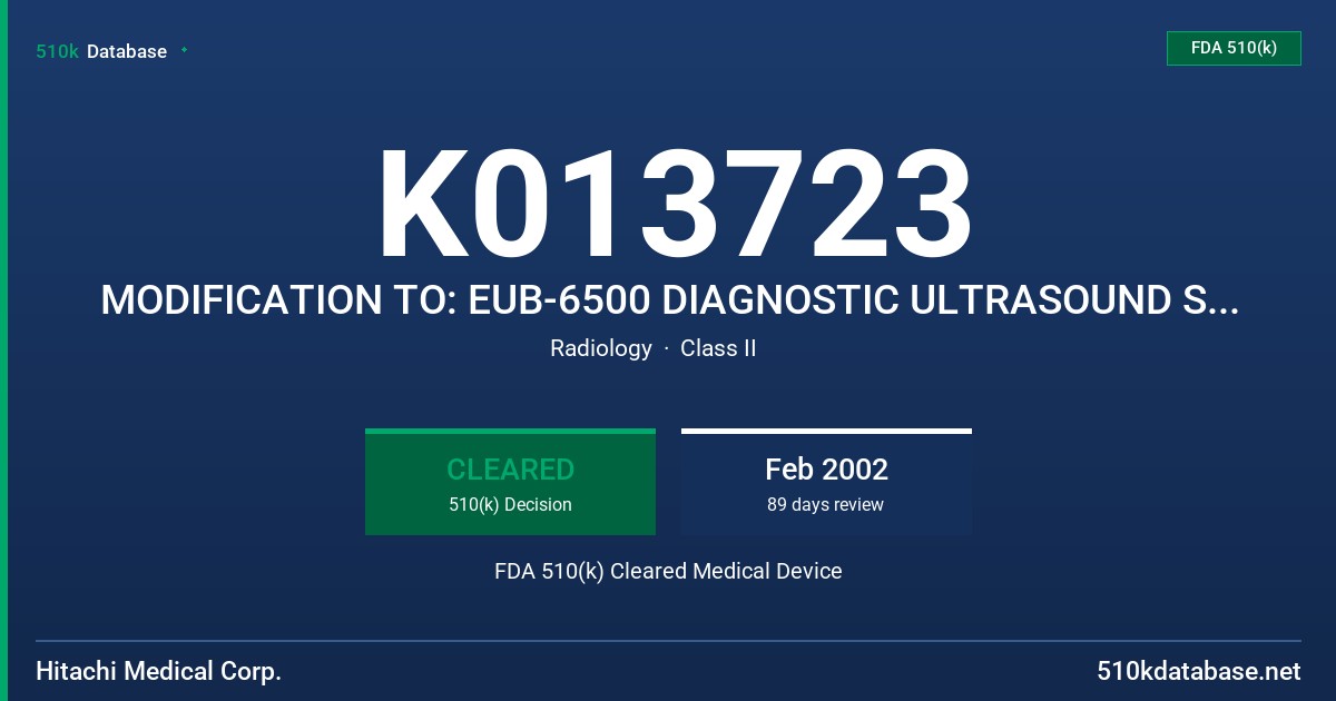 K013723 MODIFICATION TO: EUB-6500 DIAGNOSTIC ULTRASOUND SCANNER FDA 510(k) Cleared Medical Device