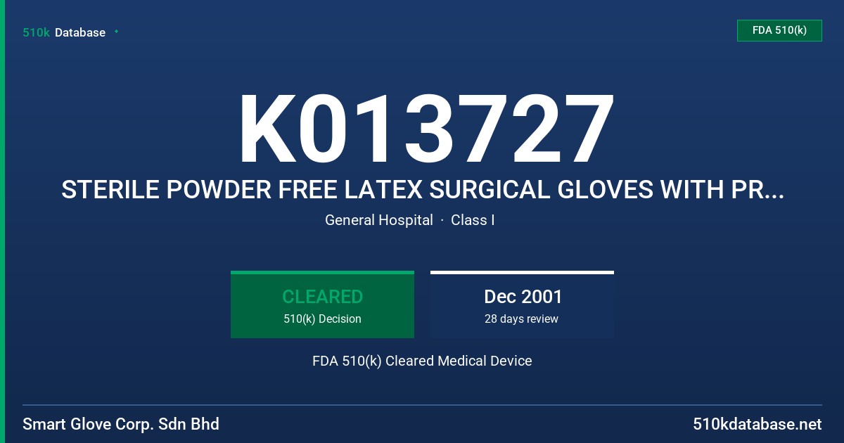 K013727 STERILE POWDER FREE LATEX SURGICAL GLOVES WITH PROTEIN CLAIM LESS THAN 50 UG/G FDA 510(k) Cleared Medical Device