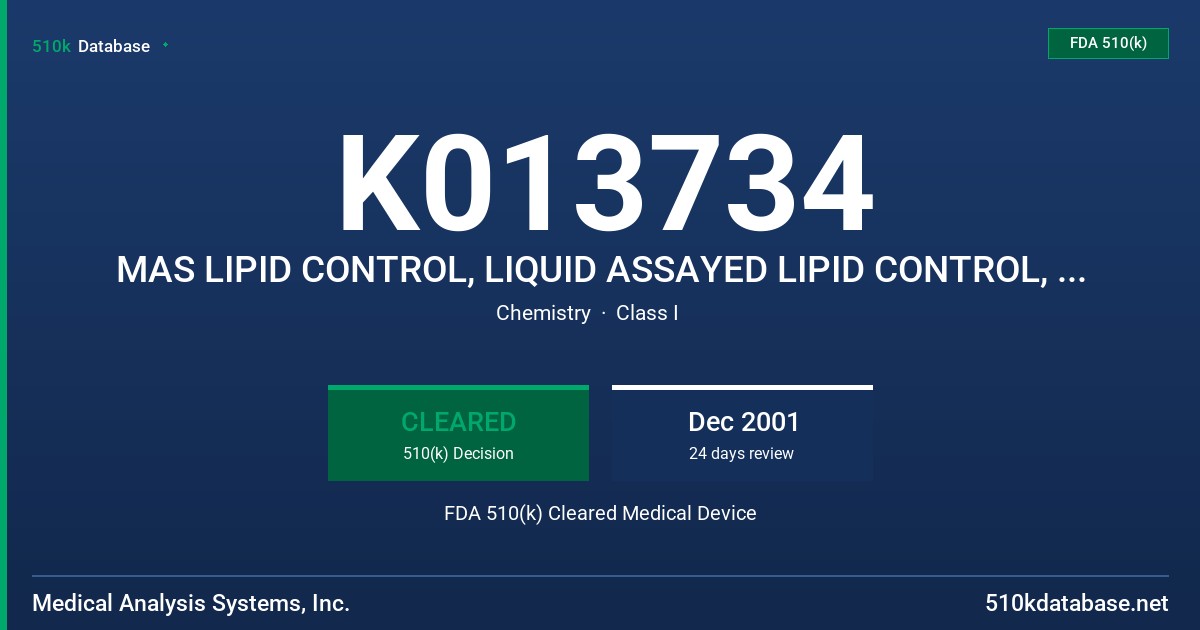 K013734 MAS LIPID CONTROL, LIQUID ASSAYED LIPID CONTROL, LEVEL 1 AND 2, DADE LIPID CONTROL, LIQUID ASSAYED LIPID CONTROL, LEVEL FDA 510(k) Cleared Medical Device