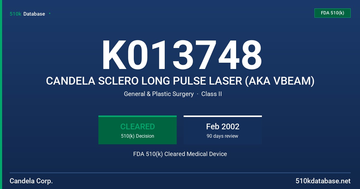K013748 CANDELA SCLERO LONG PULSE LASER (AKA VBEAM) FDA 510(k) Cleared Medical Device