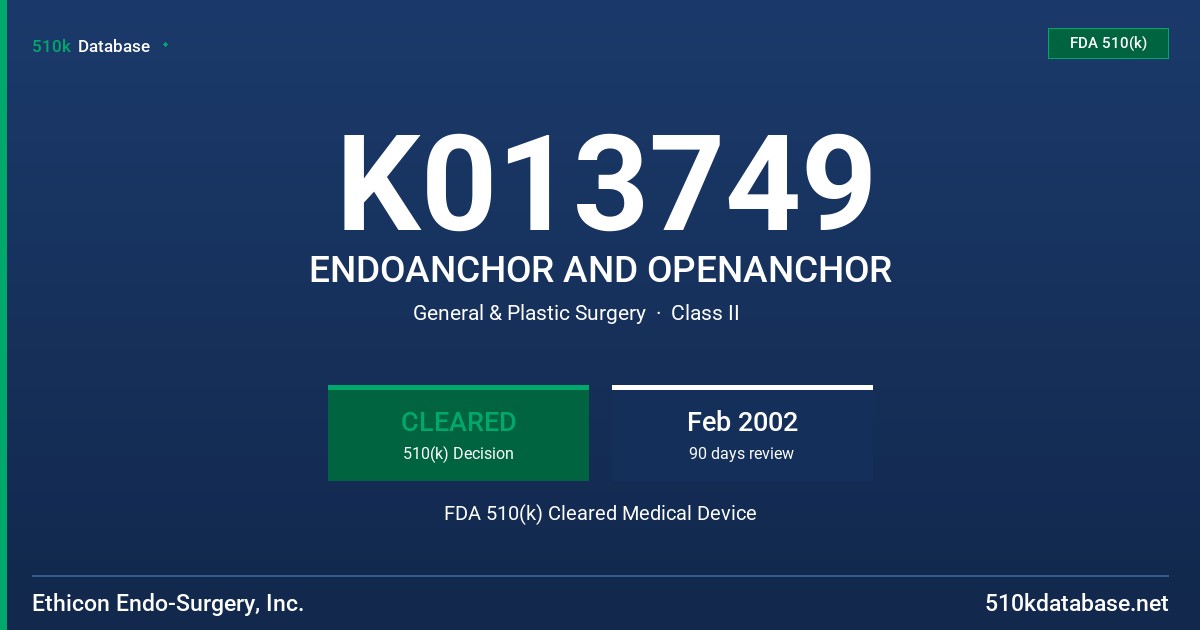 K013749 ENDOANCHOR AND OPENANCHOR FDA 510(k) Cleared Medical Device
