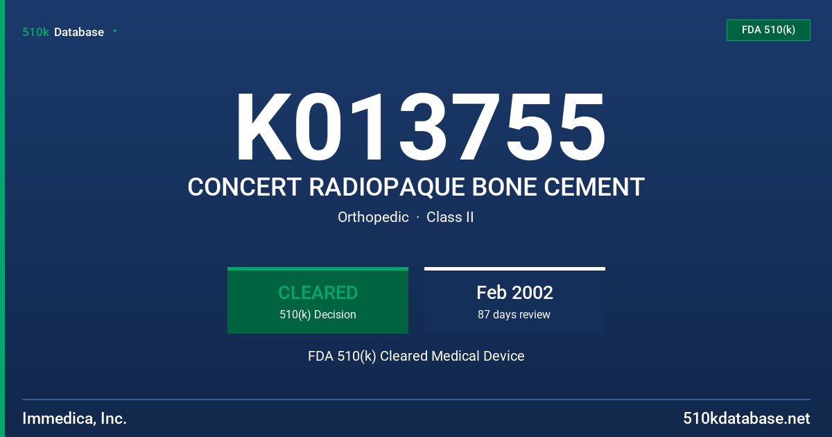 K013755 CONCERT RADIOPAQUE BONE CEMENT FDA 510(k) Cleared Medical Device