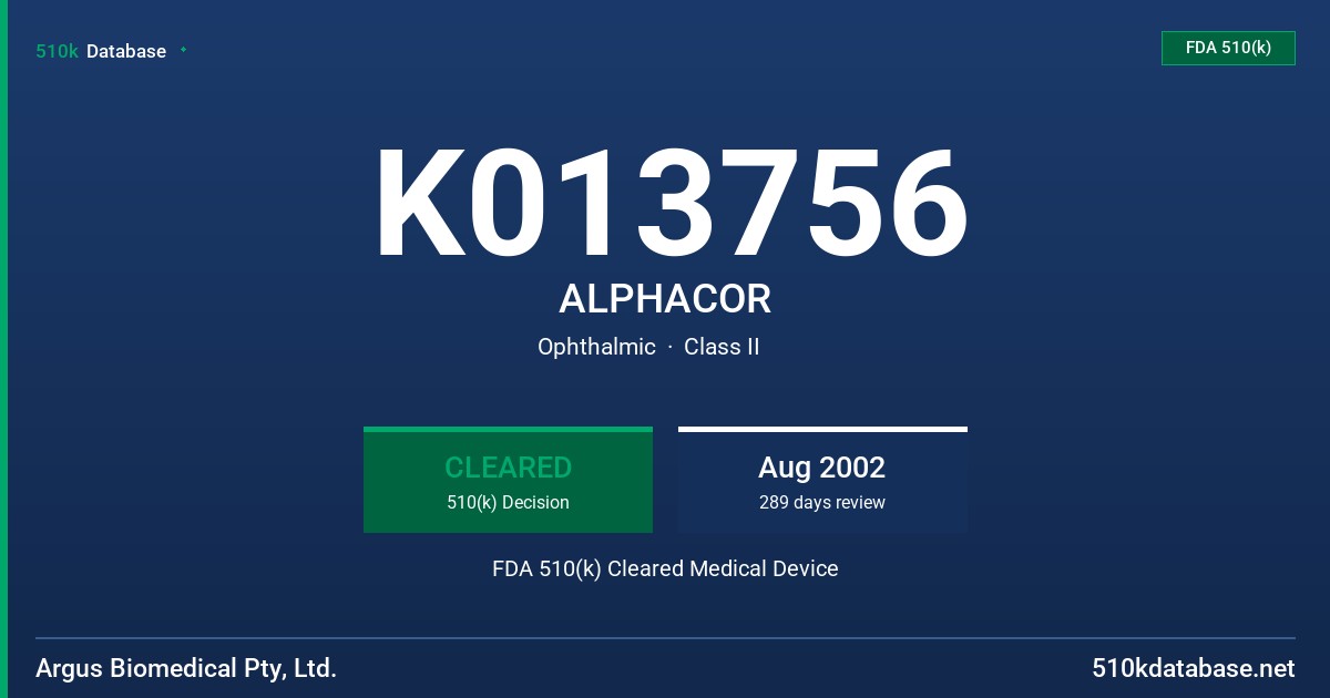 K013756 ALPHACOR FDA 510(k) Cleared Medical Device