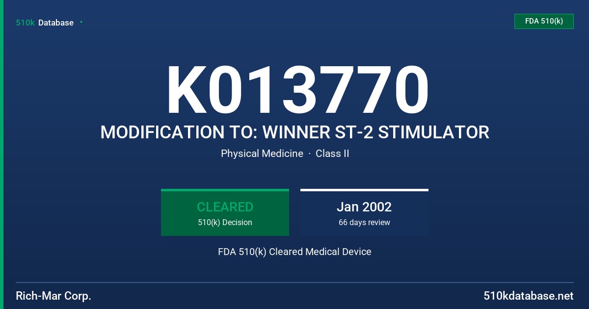 K013770 MODIFICATION TO: WINNER ST-2 STIMULATOR FDA 510(k) Cleared Medical Device