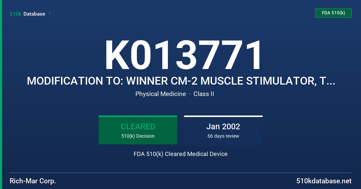 K013771 MODIFICATION TO: WINNER CM-2 MUSCLE STIMULATOR, TENS, THERAPEUTIC ULTRASOUND AND COMBINATION DEVICE FDA 510(k) Cleared Medical Device