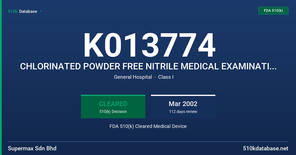 K013774 CHLORINATED POWDER FREE NITRILE MEDICAL EXAMINATION GLOVES WITH ALOE VERA FDA 510(k) Cleared Medical Device