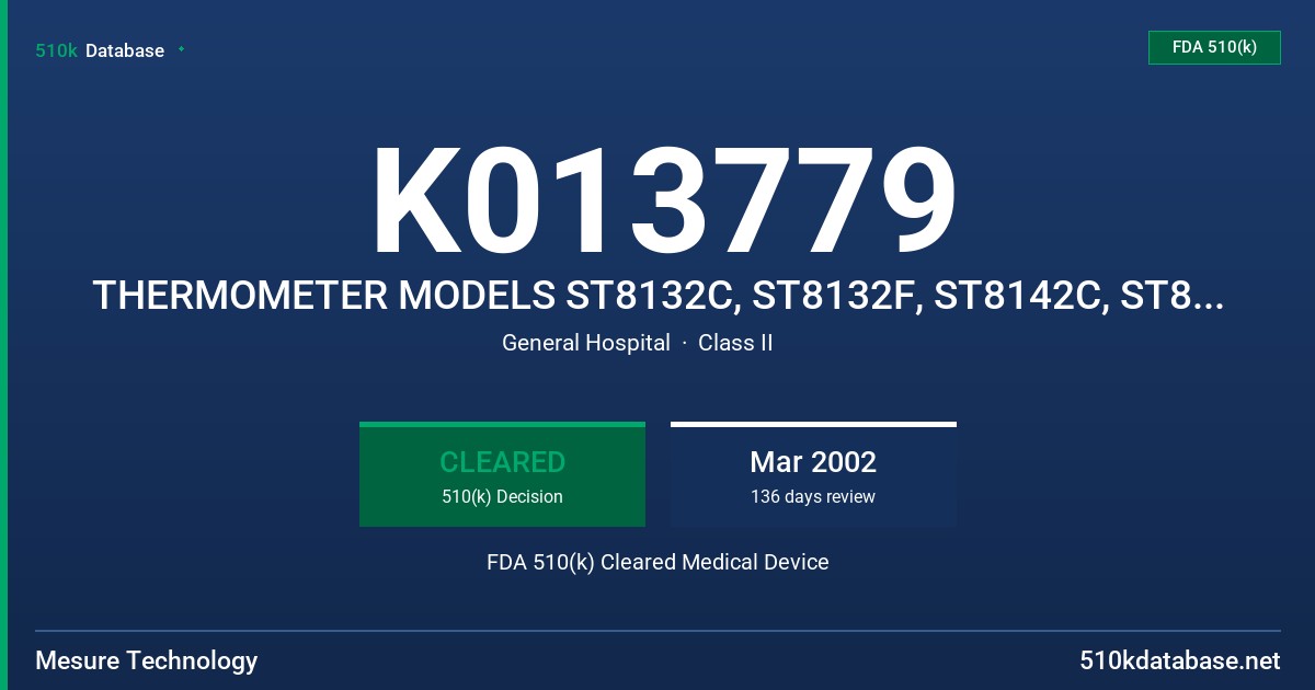 K013779 THERMOMETER MODELS ST8132C, ST8132F, ST8142C, ST8142F, ST8532C, ST8532F, ST8542C, AND ST8542F FDA 510(k) Cleared Medical Device