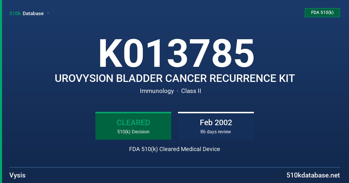 K013785 UROVYSION BLADDER CANCER RECURRENCE KIT FDA 510(k) Cleared Medical Device